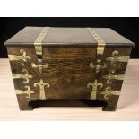 An oak brass bound chest, together with three copper and brass bed warming pans.
