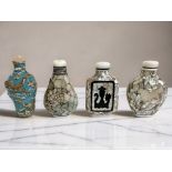 Four Chinese snuff or scent bottles, three decorated with mother of pearl, tallest 7.