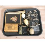 WITHDRAWN - DO NOT BID CONDITION REPORT: An EPNS hunting horn, polished onyx eggs,
