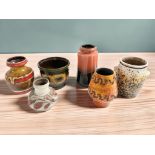 Six 1970's West German pottery vases and planters, tallest 21 cm.
