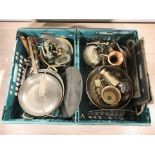 Assorted metal wares including brass jam pans, Indian enameled brass dish, serving trays,