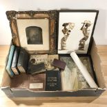 A butterfly wing picture, further pictures, antique Bibles and other books, etc.