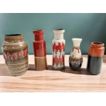 Five 1970's West German pottery vases, tallest 32 cm.