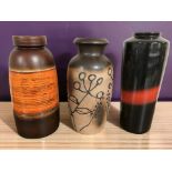 Three 1970's West German pottery vases, tallest 40 cm.
