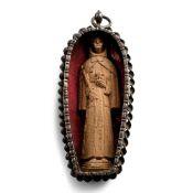 Wooden Sculpture of Saint Francis of Assisi in Silver Pendant