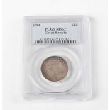 An Anne shilling 1702-1714, dated 1708, third bust, angles plain, Sp 3610, slabbed and graded MS62