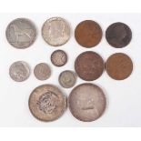 A collection of coins and banknotes, including a Chinese Republic Yuan Shikai one dollar 1921, a