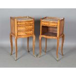 A pair of mid-20th century French kingwood bedside tables, each galleried top inset with marble, one
