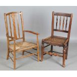 A late 18th century ash and elm stick back kitchen chair, height 90cm, width 46cm, together with