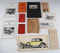 A collection of automobilia related ephemera, including a 1923 Renault sales brochure, other car