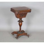 An early Victorian rosewood work table, the hinged lid revealing a silk-lined interior, height 72cm,