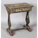 An early 19th century Chinese exportware lacquer work table with overall gilt figural scenes, the