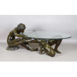 An impressive late 20th century green patinated cast bronze figural table base, the oval glass top