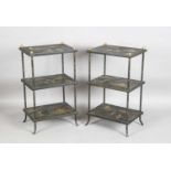 A pair of modern chinoiserie three-tier étagères with brass ball finials and black painted brass