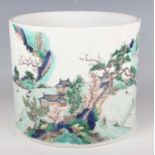 A Chinese famille verte porcelain brushpot, Kangxi style but later, of cylindrical form, the