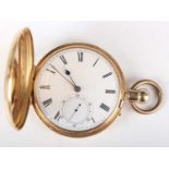 A Victorian 18ct gold hunting cased keyless wind gentleman's pocket watch, the gilt three-quarter