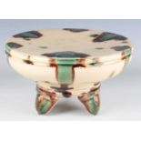 A Takeshi Yasuda studio pottery stand or comport, oxidised stoneware covered in a sancai glaze, of