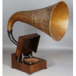 A fine E.M.G. Handmade gramophone with mechanical winding handle, tri-spoked soundbox and large