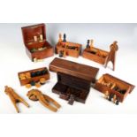 A set of 20th century hardwood and brass inlaid dominoes, cased, other dominoes, drafts, various