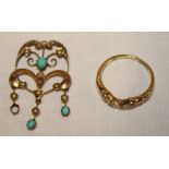 A 9ct gold dress ring set diamond chips and an Art Nouveau 9ct gold pendant set turquoise and seed