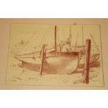 Alec Wiles - red crayon Harbour scene with fishing boats, signed,
