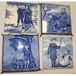 Four Wedgwood ceramic tiles with blue and white decoration depicting months of the year,
