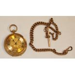 A lady's 18ct gold fob watch with decorated circular dial (45.