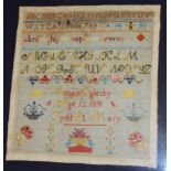 A Victorian needlework sampler depicting alphabet and symbols by Susan Oglesby aged 12, 1891,