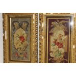 A pair of Victorian needlework and beadwork embroidered rectangular panels depicting flowers,
