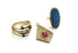 A gold two tone ring a/f, a gold ring with an thin opal slice a/f and an unmarked pendant (3), 15.6g