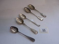Five monogrammed silver spoons, 90 grams.