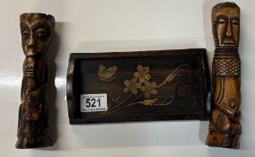 A pair of carved bone African tribal ancestor figures & A vintage wooden serving tray with inlaid