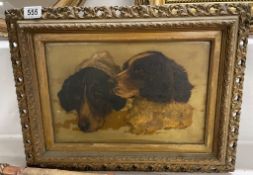 A gilt framed painting on board head portraits of a Cavalier Spaniel dogs, signed S B Leigh
