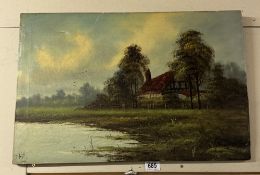 An oil on canvas painting by J Wills titled Cottage at Sunset