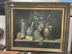 A large overpainted print on canvas titled Just Dessert by W M Harnett