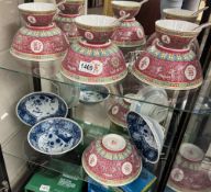 Seven Chinese rice bowls three spoons and three Japanese bowls