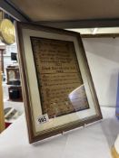 A framed & glazed 19th century sampler in memory of Caroline Trigwell 18 / 11 / 1831 to 05/03/1862