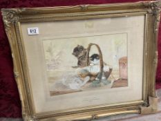 A framed & glazed watercolour by Frances E Woodhead 1913 A Basket Of Trouble. Signed.