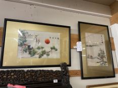 A pair of Chinese silk embroidery panels featuring two cranes titled The Rising Sun In The East