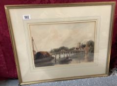 A watercolour by Mary Ann Roundell riverside scene on the Thames with a church bridge with man in