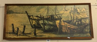 An oil painting titled Barques de pecheurs by French artist Jean Amiot