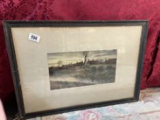 A framed watercolour painting possibly by George Harrison depicting a village & river scene
