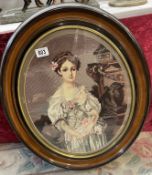A framed & glazed oval needlepoint tapestry featuring a portrait of a young woman