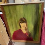 A vintage portrait painting of a woman in a red garment