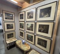 A set of 12 After William Hogart humourous coloured etchings by E Clarkson Stodart signed in