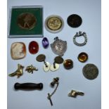 A mixed lot of curios, coins, badges and stones in a wooden jewellery box with marquetry castle