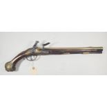 A 18 bore brass barrelled flintlock holster pistol by P. Becher of Wultzburg c.1730,  20½“, heavy
