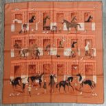 HERMES, silk scarf, Horse Stables by Jean-Louis Clerc, 88cm x 88cm, with box. Condition - very good,