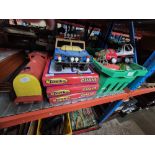 A tub of play worn toy vehicles including Tonka, a vintage model train, and three boxed wooden