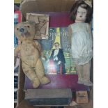 A box of assorted vintage toys to include teddy, doll, magic set, money box & puzzle etc.